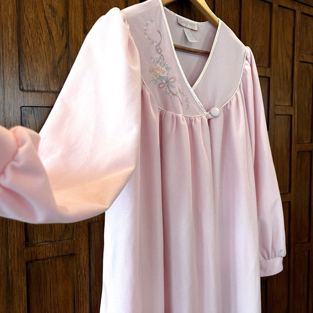 Pink Vintage Nightgown 12/14 Soft Flannel Satin Trim Maxi Flowers Vandermere USA